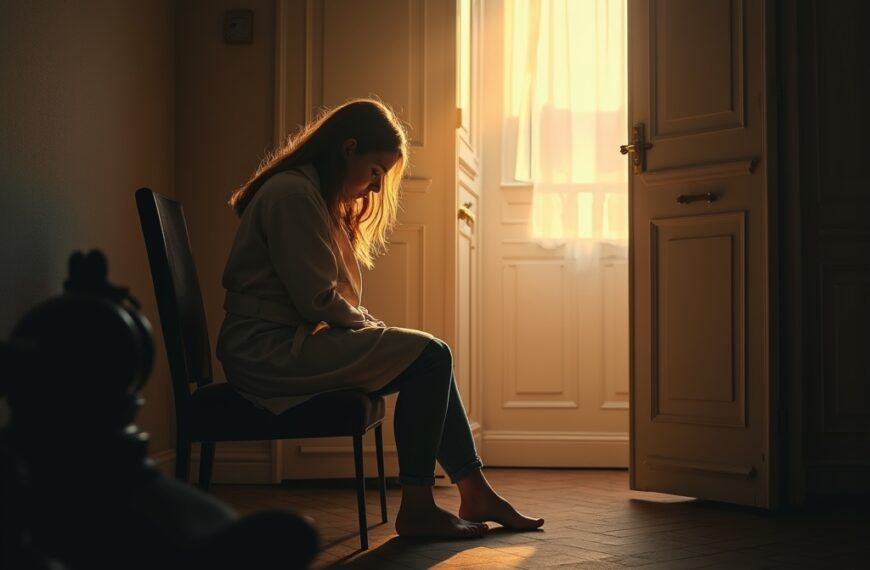 Osoba patrząca przez okno w deszczowy jesienny dzień, symbolizująca jesienną chandrę