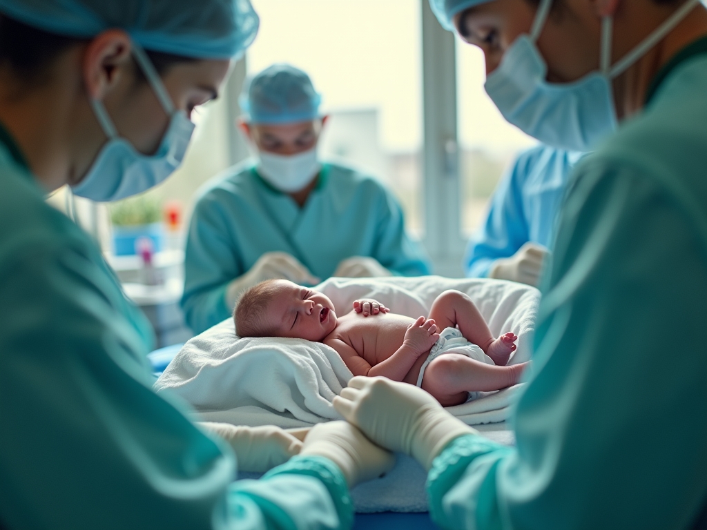 Noworodek tuż po porodzie podczas oceny w skali Apgar przez personel medyczny