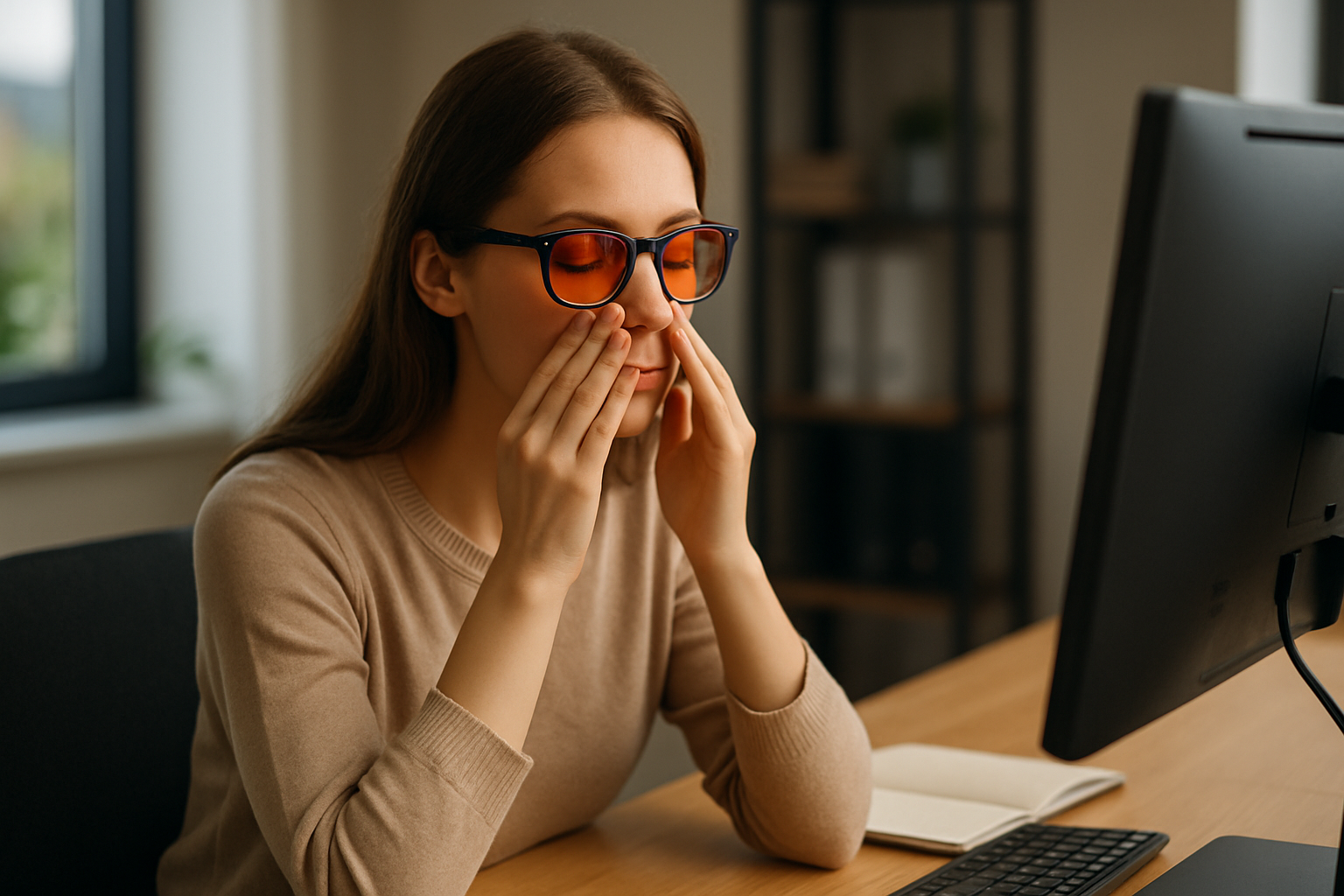 Młoda kobieta w okularach blokujących niebieskie światło patrząca na ekran laptopa z widocznym zegarem odliczającym przerwę i buteleczką kropli do oczu obok