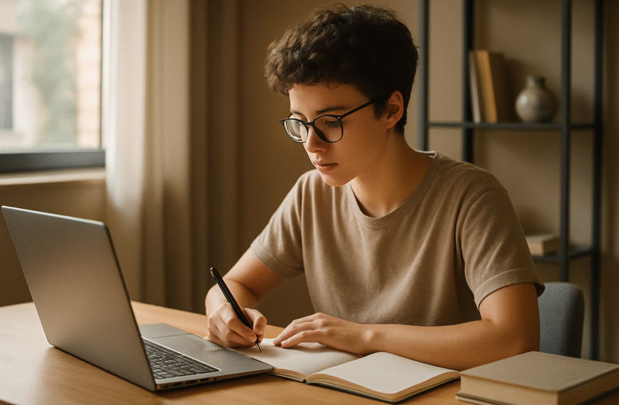 Osoba siedząca przy biurku, ucząca się z laptopa i notatnika, otoczona książkami i ikonami symbolizującymi rozwój umiejętności