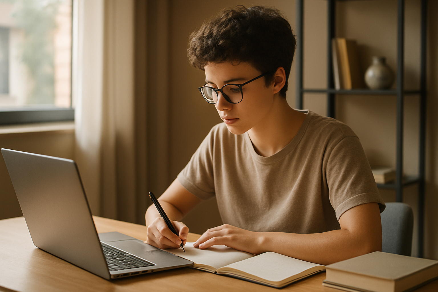 Osoba siedząca przy biurku, ucząca się z laptopa i notatnika, otoczona książkami i ikonami symbolizującymi rozwój umiejętności