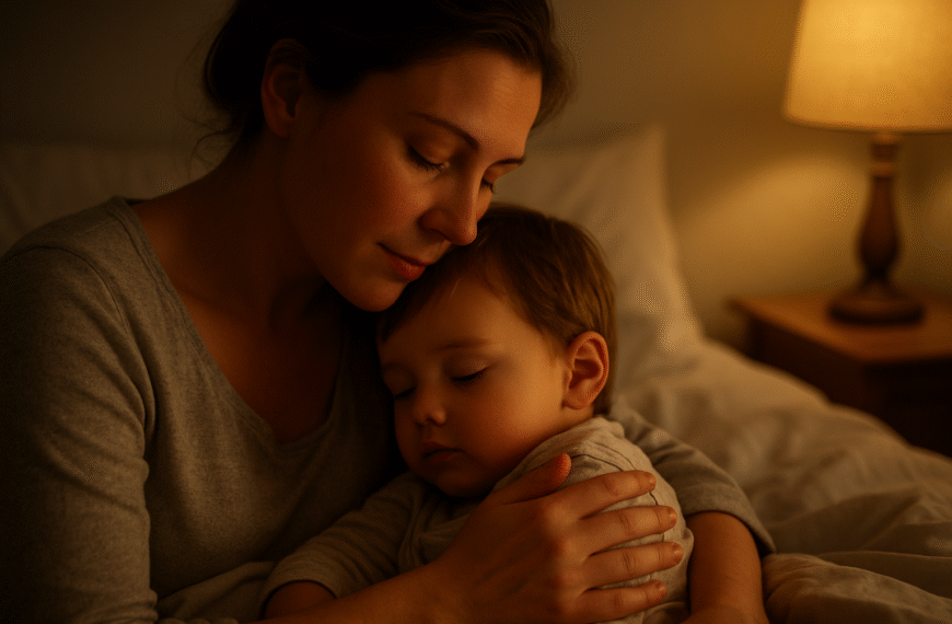 Mama tuląca małe dziecko w łóżku przy przyciemnionym świetle podczas wieczornego rytuału uspokajania przed snem