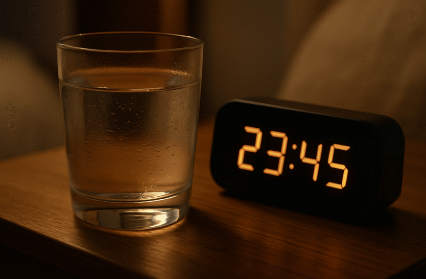 Szklanka wody na stoliku nocnym obok budzika, symbolizująca nawodnienie przed snem