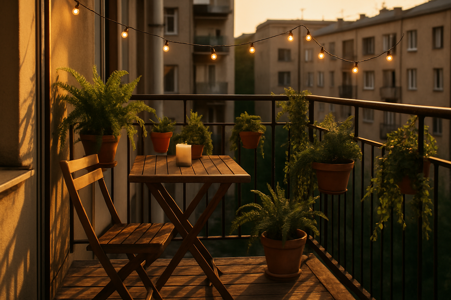 Przytulny mały balkon w bloku z roślinami w doniczkach, składanym stolikiem i dekoracyjnymi lampkami