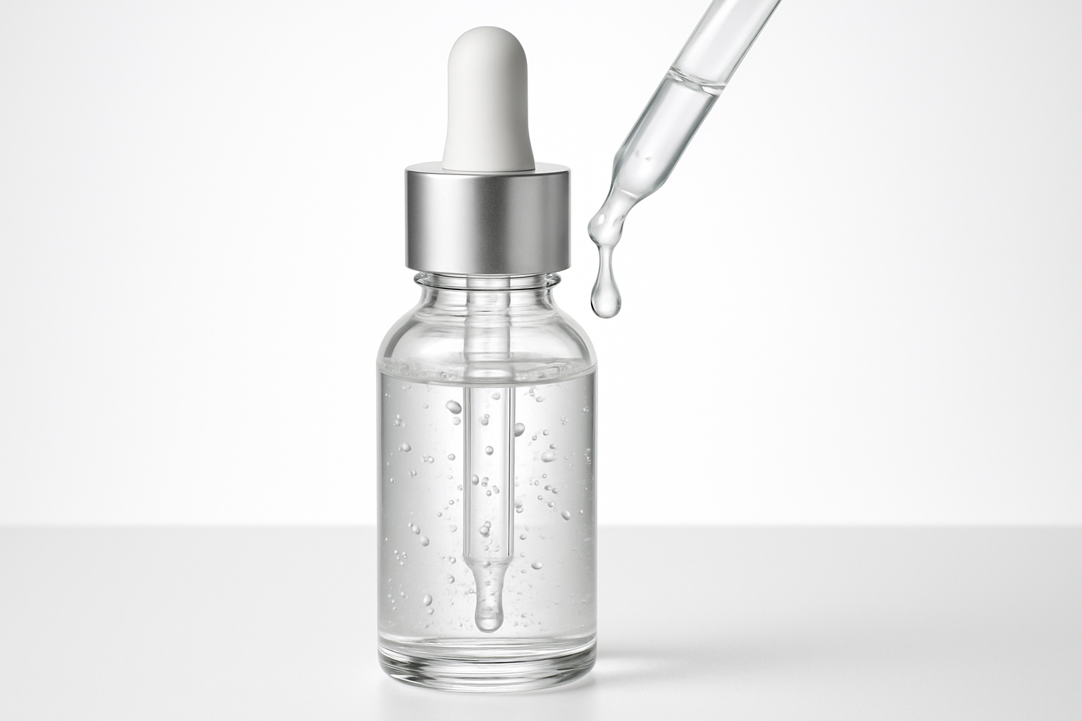 Butelka serum z kwasem hialuronowym i pipeta na tle kosmetyków pielęgnacyjnych
