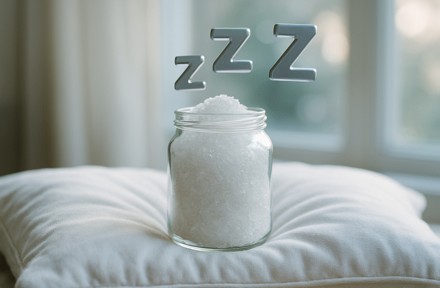 Słoik z kryształkami glutaminianu sodu obok miękkiej poduszki i symbolem snu ZZZ