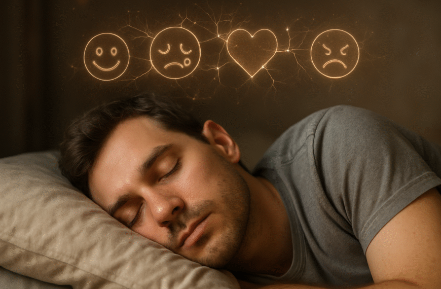 Osoba śpiąca spokojnie na poduszce, nad nią unoszą się ikony emocji i neurony symbolizujące przetwarzanie uczuć podczas snu
