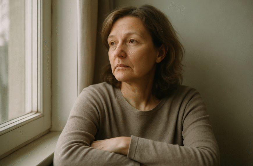 Zamyślona kobieta w średnim wieku siedząca przy oknie z filiżanką kawy i notesem, zastanawiająca się nad życiem i sposobami radzenia sobie z kryzysem wieku średniego