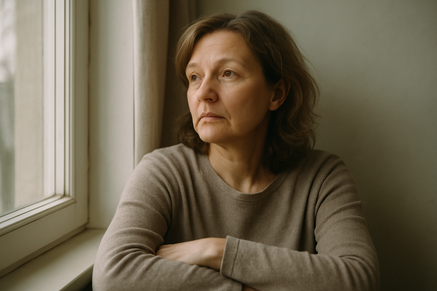 Zamyślona kobieta w średnim wieku siedząca przy oknie z filiżanką kawy i notesem, zastanawiająca się nad życiem i sposobami radzenia sobie z kryzysem wieku średniego
