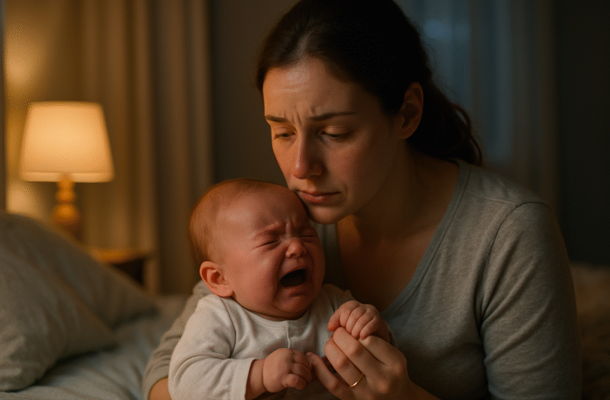 Zmartwiona mama uspokajająca płaczące niemowlę nocą w sypialni