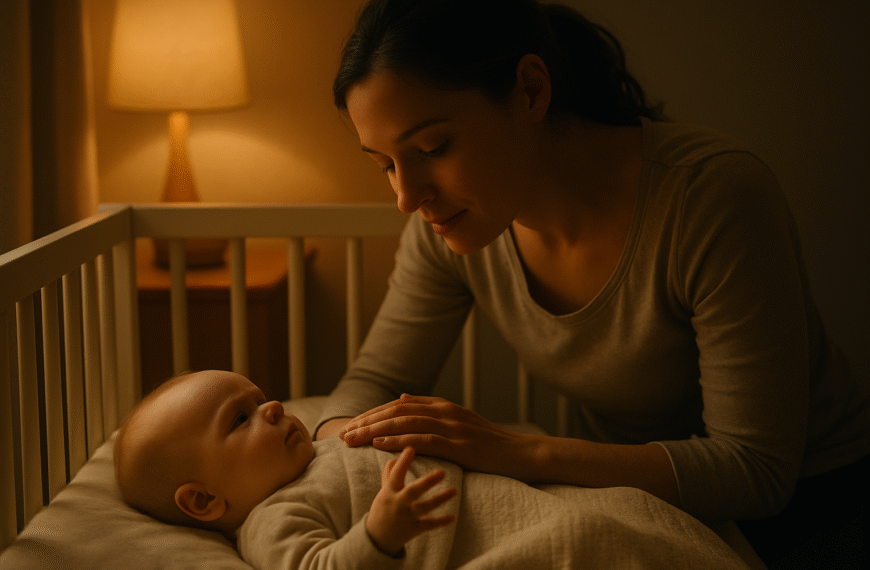 Troskliwa mama uspokaja rozbudzone dziecko w łóżeczku nocą