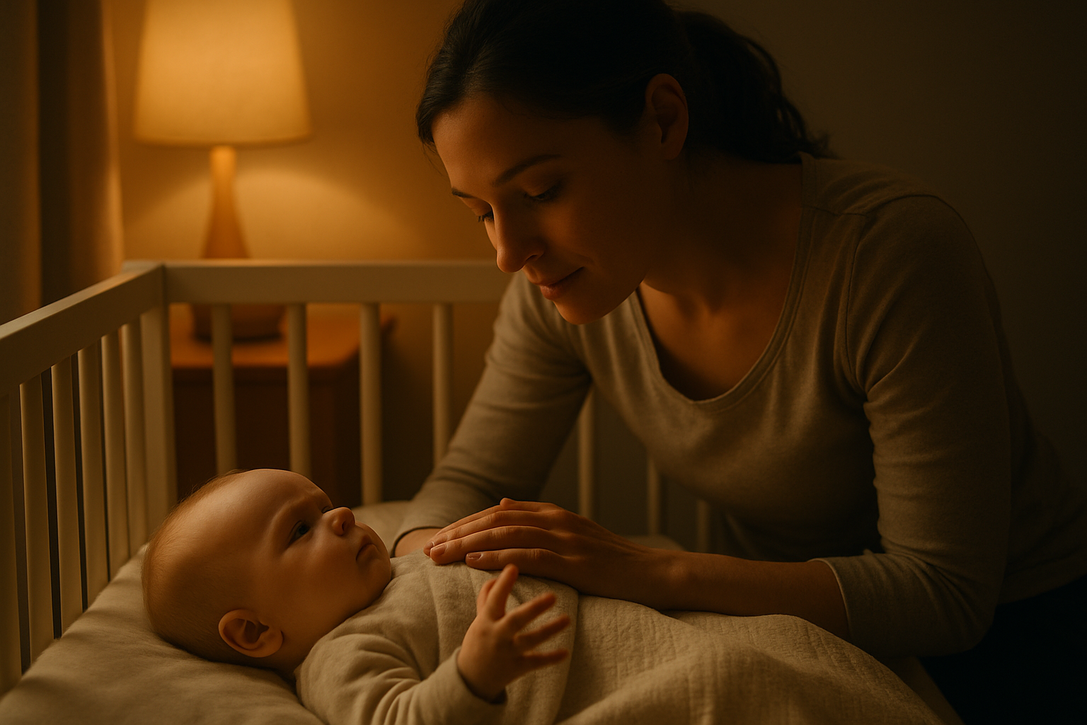 Troskliwa mama uspokaja rozbudzone dziecko w łóżeczku nocą