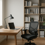 Minimalistyczne, jasne domowe biuro z biurkiem, ergonomicznym fotelem, laptopem, półkami na dokumenty i zielonymi roślinami