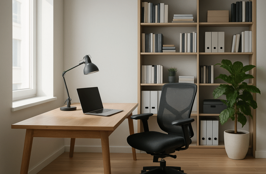Minimalistyczne, jasne domowe biuro z biurkiem, ergonomicznym fotelem, laptopem, półkami na dokumenty i zielonymi roślinami