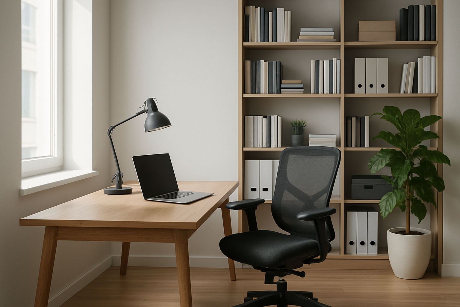 Minimalistyczne, jasne domowe biuro z biurkiem, ergonomicznym fotelem, laptopem, półkami na dokumenty i zielonymi roślinami
