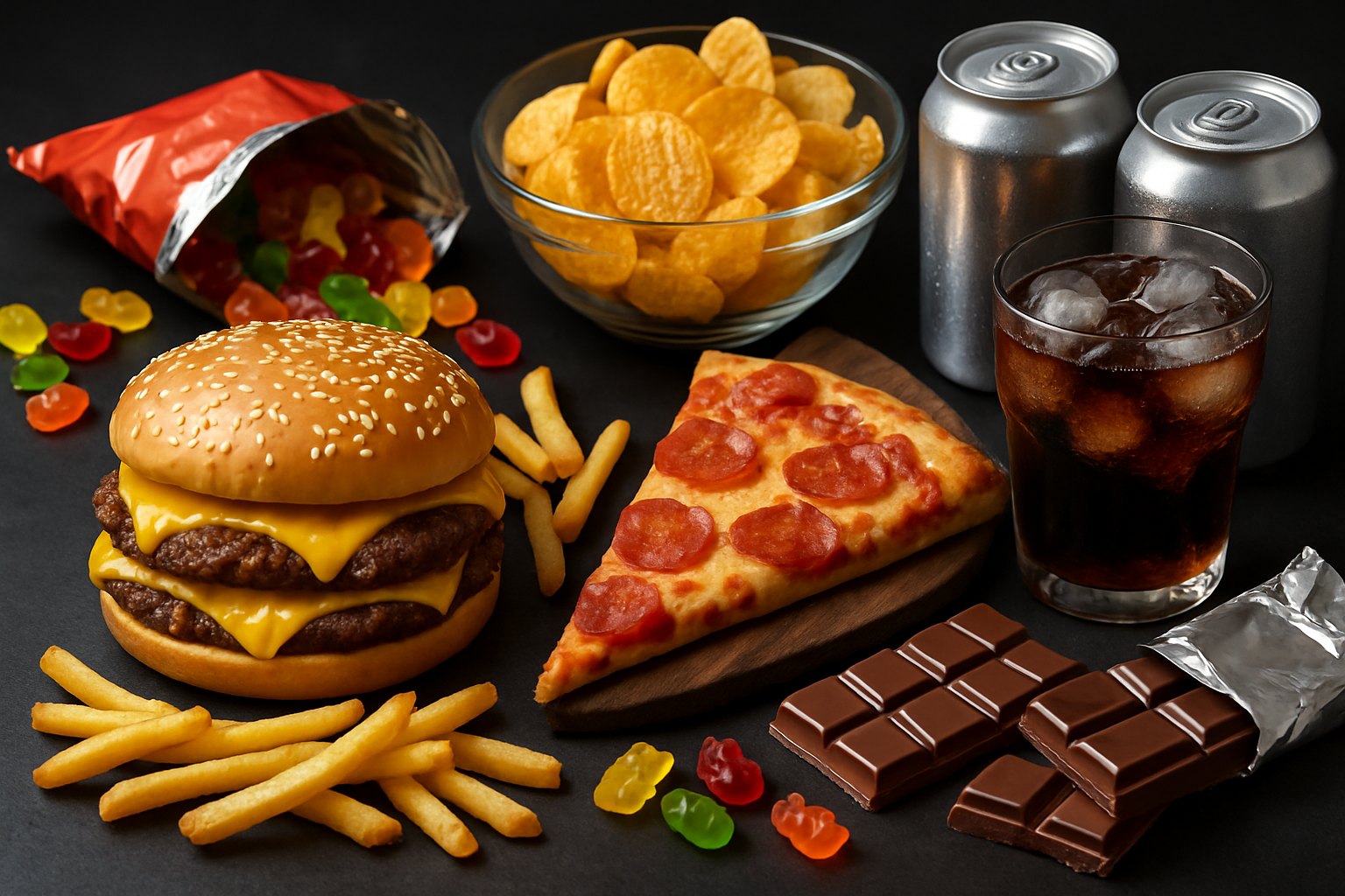 Różnorodne przetworzone produkty spożywcze: fast foody, chipsy, słodycze i napoje gazowane