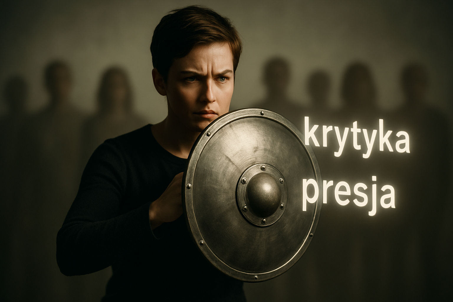 Osoba z tarczą odpychająca napisy krytyka i presja na tle rozmytych sylwetek