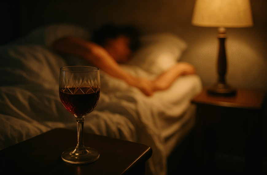 kieliszek wina na stoliku nocnym i niespokojna osoba przewracająca się w łóżku