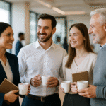 Grupa profesjonalistów w biurze wymienia wizytówki, symbolizująca networking i rozwój kariery oraz osobowości