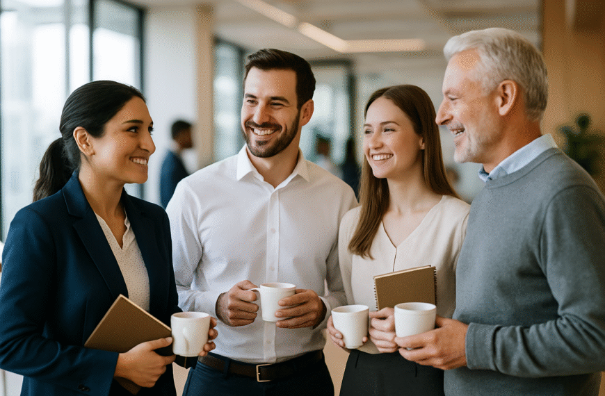Grupa profesjonalistów w biurze wymienia wizytówki, symbolizująca networking i rozwój kariery oraz osobowości