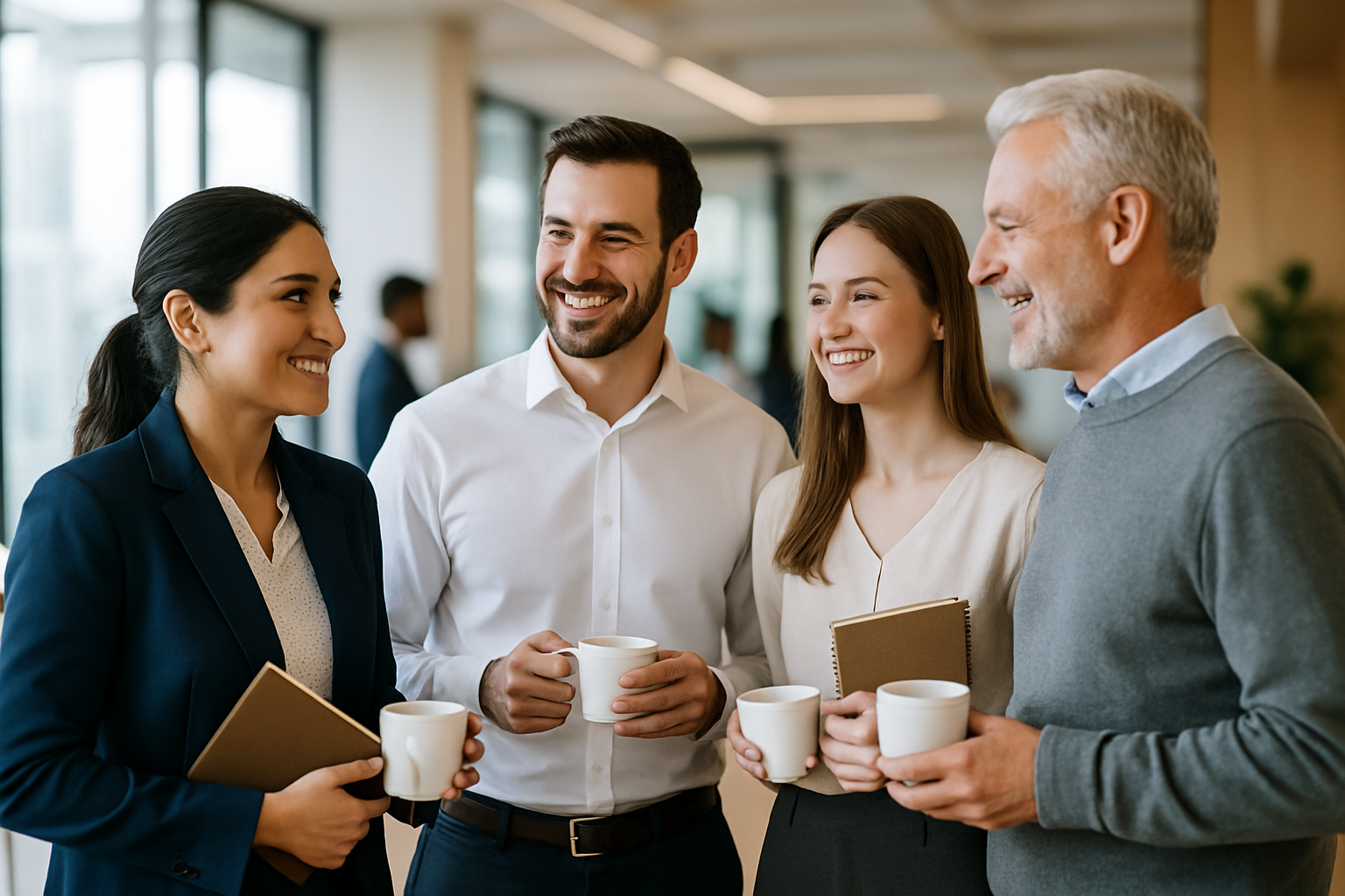 Grupa profesjonalistów w biurze wymienia wizytówki, symbolizująca networking i rozwój kariery oraz osobowości