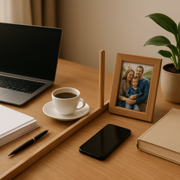 waga z ikoną laptopa po lewej i domkiem po prawej symbolizująca równowagę między pracą zawodową a życiem prywatnym