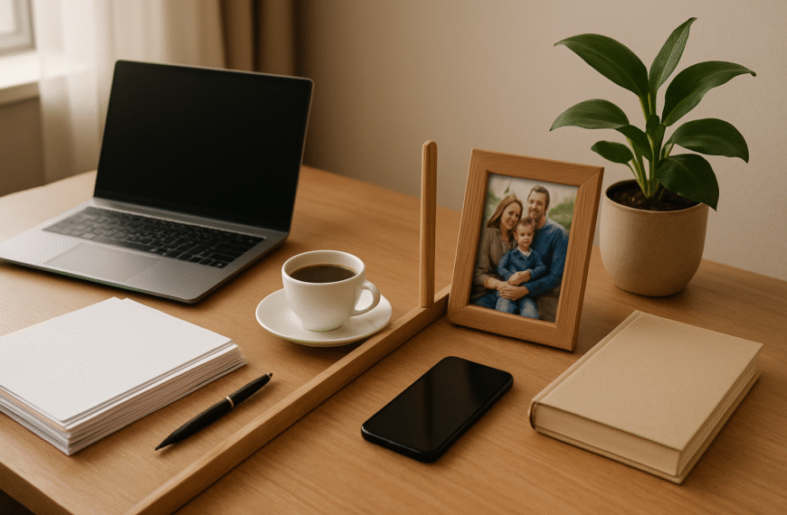 waga z ikoną laptopa po lewej i domkiem po prawej symbolizująca równowagę między pracą zawodową a życiem prywatnym