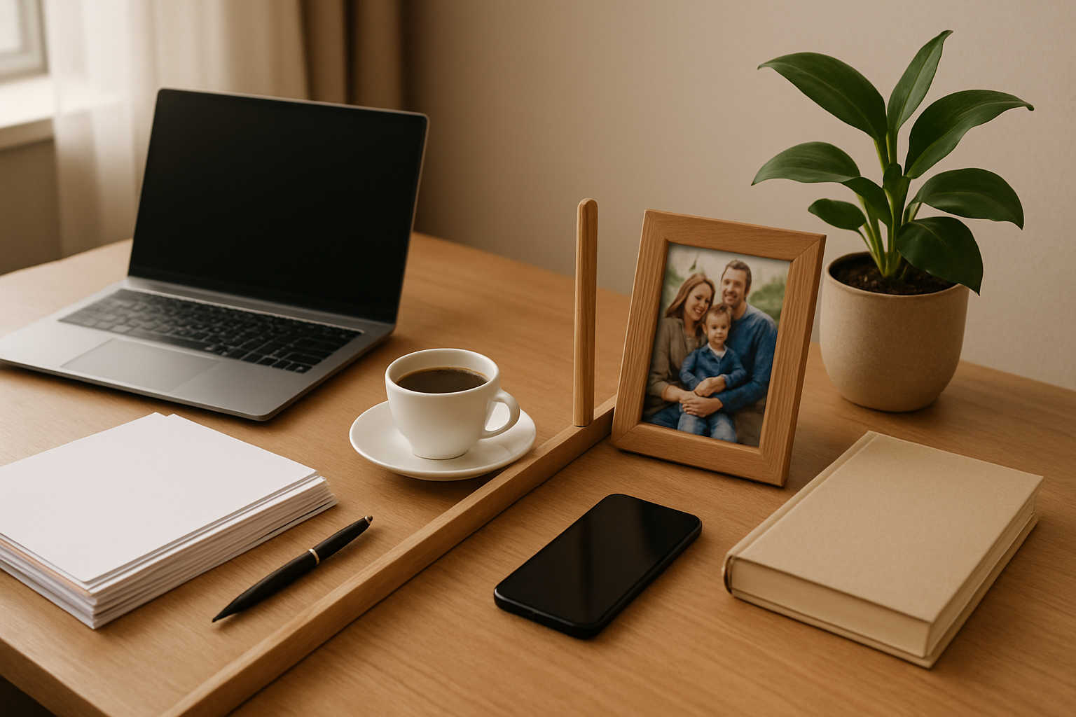 waga z ikoną laptopa po lewej i domkiem po prawej symbolizująca równowagę między pracą zawodową a życiem prywatnym